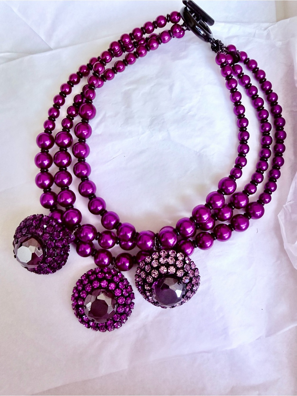 Magenta Giorgio Armani Beaded Statement Necklace with 3 large Crystal Pendants